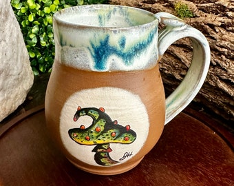 Wheel thrown hand painted mushroom pottery mug, handmade fungi ceramic coffee mug, handmade fish art pottery