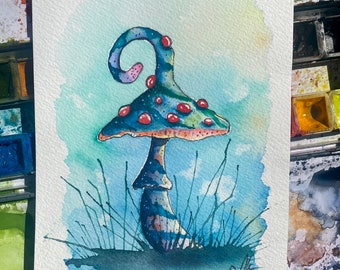 Original watercolor fantasy mushroom.