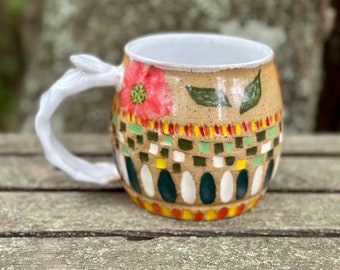 Handmade “Flower Power of an eclectic mind” pottery mug, wheel thrown pottery mug, ceramic coffee cup, hand painted latte mug