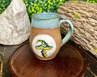 Wheel thrown hand painted mushroom pottery mug, handmade fungi ceramic coffee mug, handmade fish art pottery