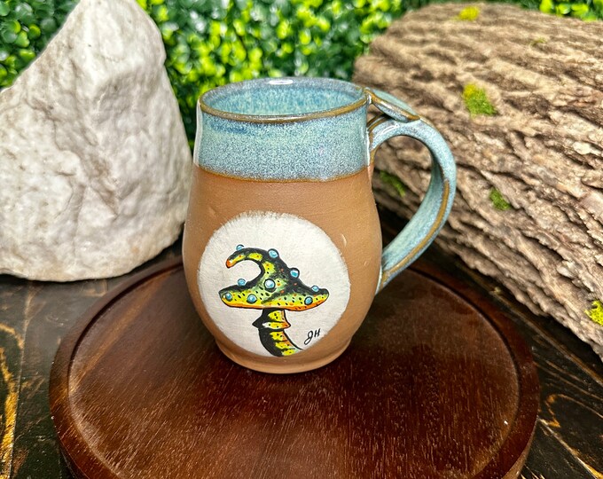 Wheel thrown hand painted mushroom pottery mug, handmade fungi ceramic coffee mug, handmade fish art pottery