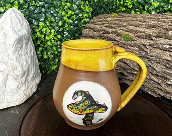 Wheel thrown hand painted mushroom pottery mug, handmade fungi ceramic coffee mug, handmade fish art pottery