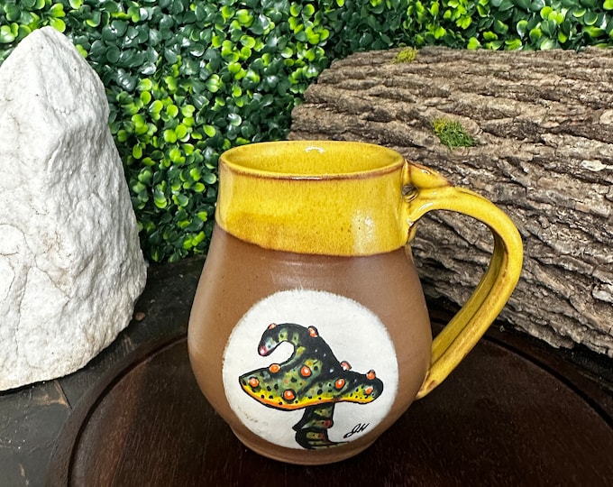 Wheel thrown hand painted mushroom pottery mug, handmade fungi ceramic coffee mug, handmade fish art pottery