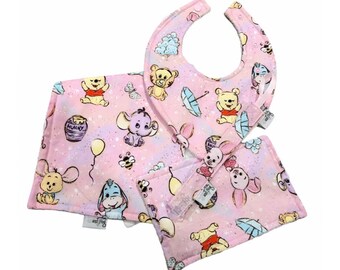 Pooh Bear Pink Baby Gift Set Bib Dummy Clip - Possum and Frog