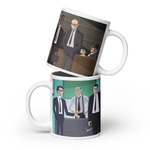 May include: Two white mugs with a cartoon illustration of men in suits. The top mug features a man with glasses and a red tie. The bottom mug features three men in suits, one with a red tie and another with a blue tie.