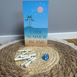 Sparchallenge „Cool Summer Island“ | 3er Klappkarte | Rubbelchallenge  | Lose | Würfeln | A6 | Umschlagmethode