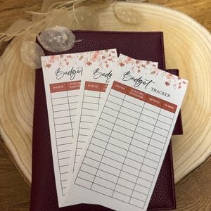 Könnte beinhalten: Drei druckbare Budget-Tracker-Blätter mit Blumendesigns. Jedes Blatt hat Spalten für Datum, Einnahmen/Ausgaben, Betrag und Summe. Die Blätter sind auf weißem Papier mit einem roten und rosafarbenen Blumendesign gedruckt.