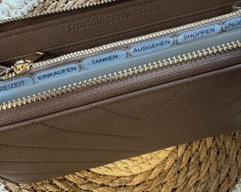 May include: Open brown leather wallet with a gold zip and multiple labelled dividers. The dividers are labelled with German words. The wallet is on a woven straw mat.