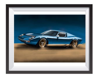 Lamborghini Miura digital art drawing print by Adrian Dewey