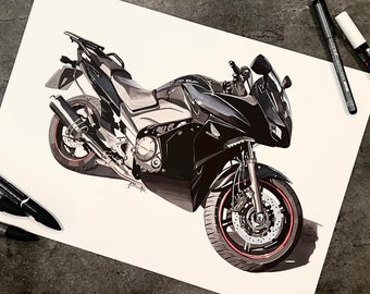 Personalised Motorbike Art, Original Marker Drawing, Custom Motorcycle Portrait