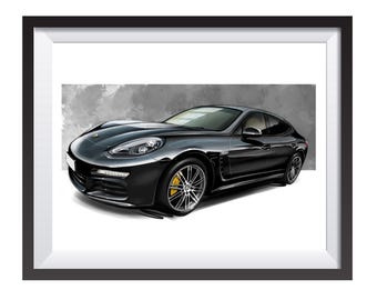 Porsche Panamera digital art drawing print by Adrian Dewey
