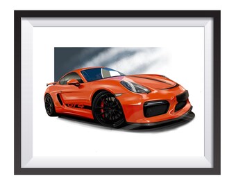 Porsche 718 GT4 car art digital drawing print by Adrian Dewey