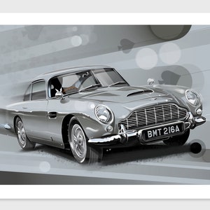Aston Martin DB5 James Bond 007 fan art digital drawing print by Adrian Dewey