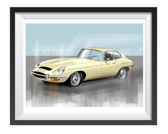 Jaguar E-Type digital art drawing print by Adrian Dewey