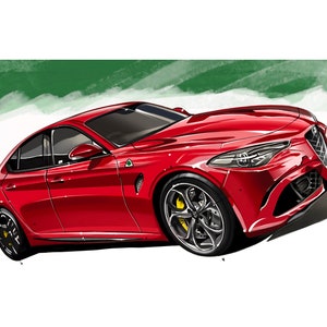 Alfa Romeo Guila Quadrifoglio desenho de arte digital impresso por Adrian Dewey