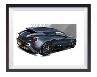 Aston Martin Vanquish Zagato Shooting Brake car art drawing print by Adrian Dewey