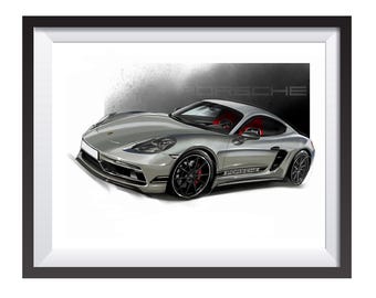 Porsche 718 Cayman car art digital drawing print by Adrian Dewey