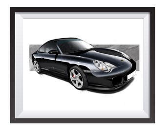 Porsche 911 (996) digital art drawing print by Adrian Dewey