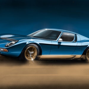 Impressão de desenho de arte digital Lamborghini Miura por Adrian Dewey