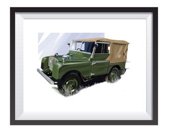 Land Rover Defender Series 1 car art drawing print by Adrian Dewey