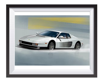 Ferrari Testarossa from The Wolf of Wall Street digital art drawing print by Adrian Dewey