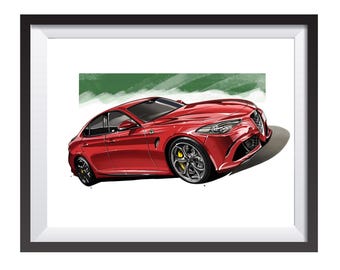 Alfa Romeo Guila Quadrifoglio digital art drawing print by Adrian Dewey