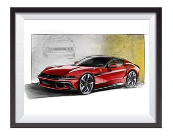Ferrari 12 Cilindri car digital art drawing print