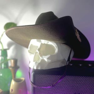 Pode incluir: Um chapéu de cowboy de feltro marrom com um abajur em forma de caveira branca em cima de uma caixa de som preta com a palavra "Marshall" impressa na frente.