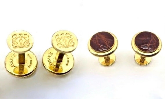 Loewe Gold Brown Leather Cufflinks Logo Excellent Vintage Etsy