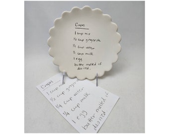scalloped edge snack plate family recipe plate / handwriting dish / handwriting plate / pie plate / recipe transfer / memorial gift