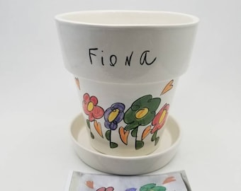 color flower pot with child's artwork / kid drawing transfer / ceramic flower pot / family gift / teacher gift / grandparent gift / kid art