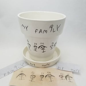flower pot with child's artwork / kid drawing transfer / ceramic flower pot / family gift / teacher gift / grandparent gift / kid art