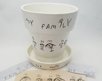flower pot with child's artwork / kid drawing transfer / ceramic flower pot / family gift / teacher gift / grandparent gift / kid art