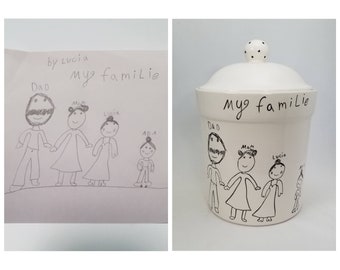 child's drawing transfer / cookie jar / black and white line drawing / kid art / family gift / family portrait / housewarming gift