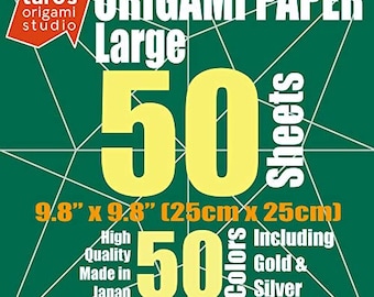 Large 10 Inch One Sided 50 Colors 50 Sheets Square Easy Fold Premium Japanese Paper for Beginner (Gold and Silver Included) Made in Japan