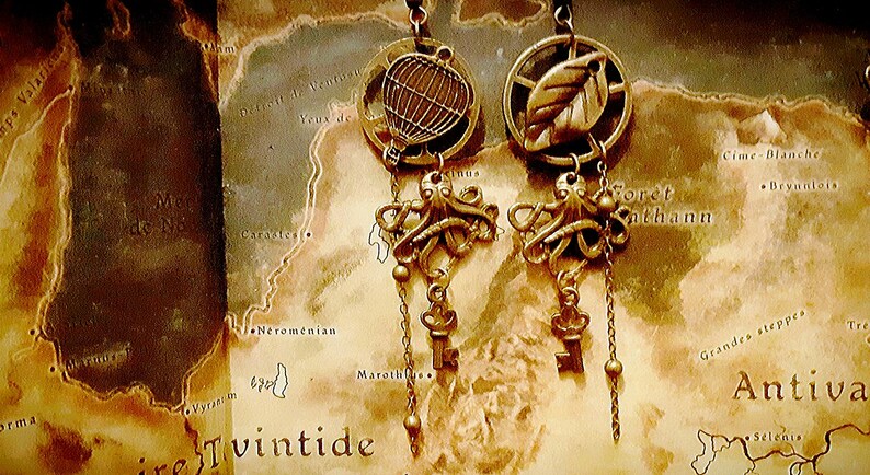 Steampunk retro earring punk vintage ethnic Octopus Octopus kraken pirate sailor unique bronze gear COG speed ball bearing