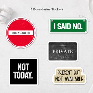 Boundaries-stickerpakket – 5 grote gestanste stickers – zelfrespect en assertieve energie – waterbestendig
