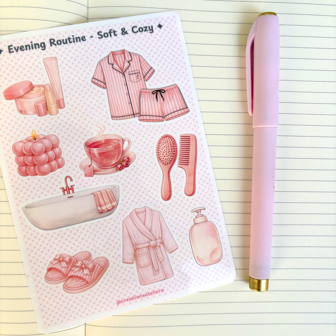 Cozy Evening Routine Sticker Sheet, Soft Pink Self Care Planner ...