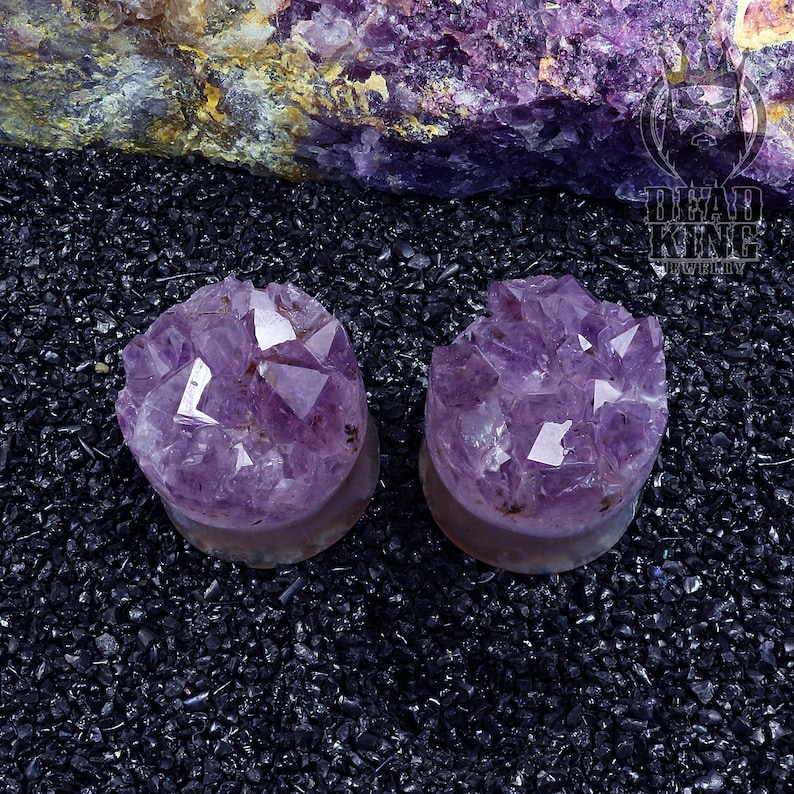 Round tunnels Amethyst crystal druzy Teardrop stone plug Unique ear tunnels Double Flare Plugs.