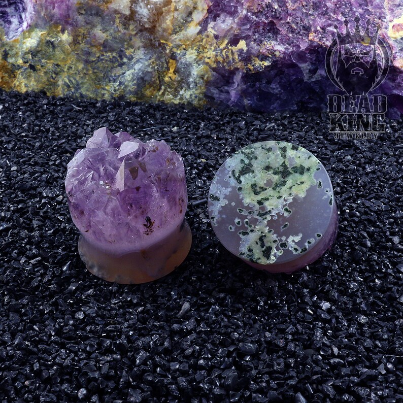 Round tunnels Amethyst crystal druzy Teardrop stone plug Unique ear tunnels Double Flare Plugs.