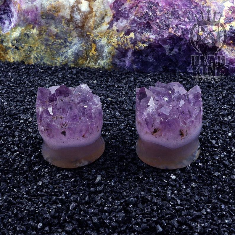 Round tunnels Amethyst crystal druzy Teardrop stone plug Unique ear tunnels Double Flare Plugs.