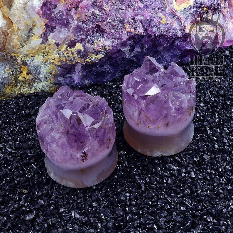 Round tunnels Amethyst crystal druzy Teardrop stone plug Unique ear tunnels Double Flare Plugs.