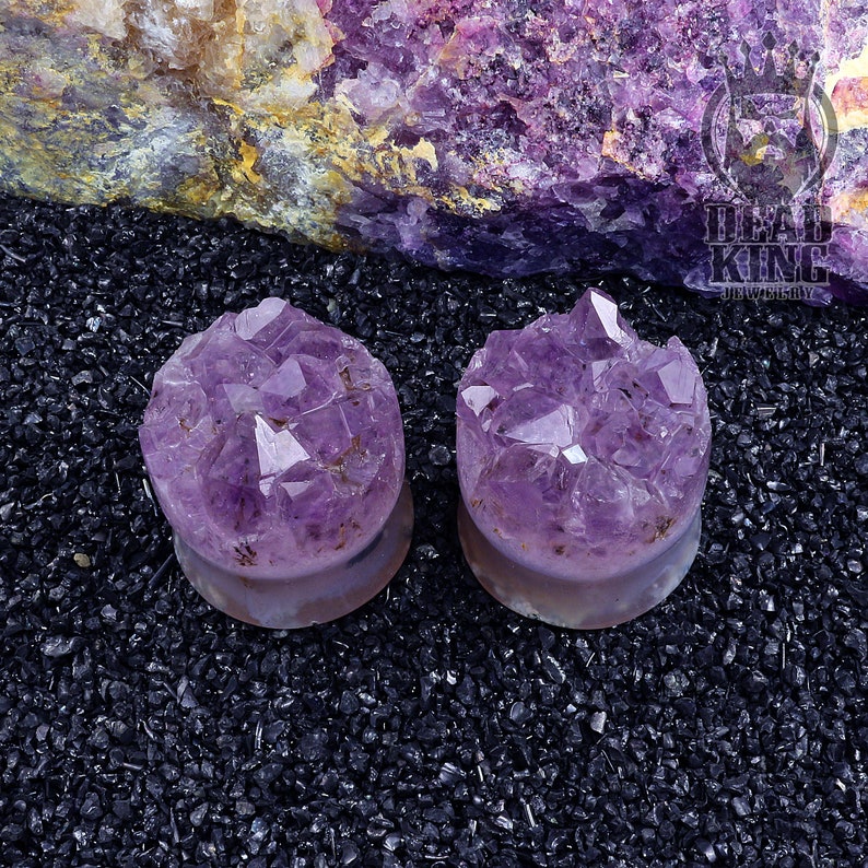 Round tunnels Amethyst crystal druzy Teardrop stone plug Unique ear tunnels Double Flare Plugs.