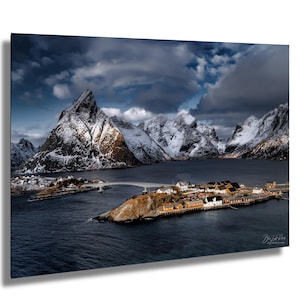 Sakrisøy Norway Hilltop View | Golden Sunrise Arctic Village Print | Lofoten Mountains Landscape | Nordic Nature Photography Decor | Snowy