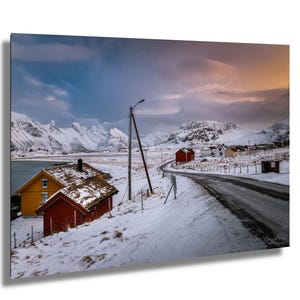Norway Winter Landscape Wall Art | Golden Sunset Arctic Village Print | Lofoten Mountains Landscape | Nordic Nature Photography Decor | Snow