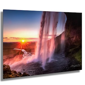 Iceland Waterfall Print: Seljalandsfoss Midnight Sun Landscape