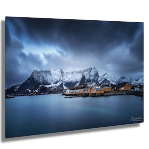 Norway Blue Hour Wall Art | Arctic Landscape Photography Print | Snowstorm and Blue Light Scene | Nordic Nature Home Decor | Lofoten Islands