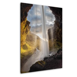 Kvernufoss Waterfall Print: Iceland Cave, Golden Hour Light