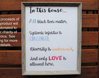 May include: A framed print with the words "In this house..." and a message of inclusivity. The text includes phrases like "All black lives matter," and "Diversity is embraced." The frame is a light grey colour.
