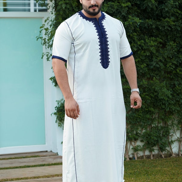 Moroccan Gandoura djellaba Thobe  white slim fit Size Abaya Butterfly Men's Kaftan Clothing Gift for Father Homemade kandora Dress